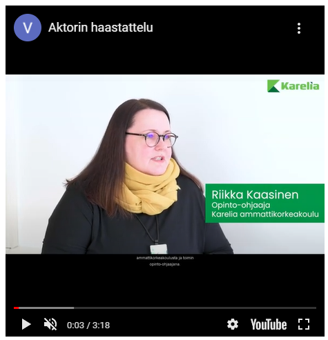 Kuvakaappaus videosta, jossa opinto-ohjaaja Riikka Kaasinen puhumassa.