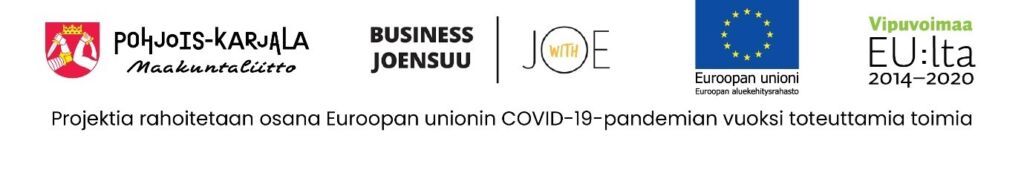Pohjois-Karjalan maakuntaliiton, Business Joensuun, Euroopan aluekehitysrahaston ja Vipuvoimaa EU:lta 2014-2020 logot rinnakkain.