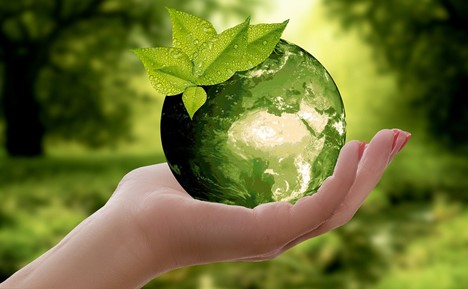 Käsi joka pitää vihreää maapalloa jonka päällä vihreä lehti