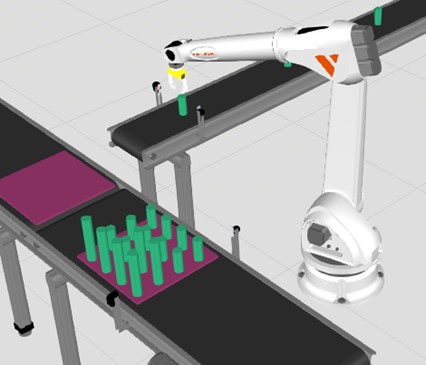 Simuloitu kuva tehtaan linjaston robotista
