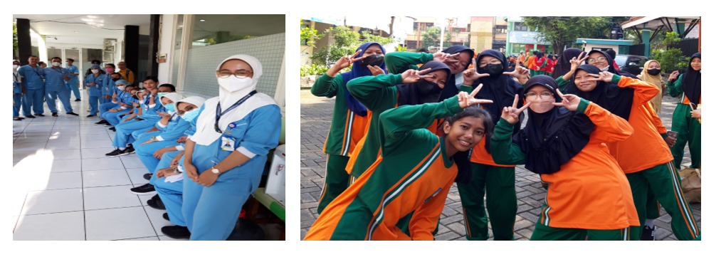 Kaksi kuvaa rinnakkain, toisessa hoitoasuihin pukeutuneita hoitajia ryhmäkuvassa, oikealla koululaisia
