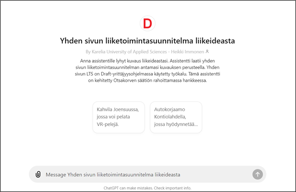 Kuvakaappaus verkkosivusta jossa otsikko Yhden sivun liiketoimintasuunnitelma liikeideasta. Anna assistentille lyhyt kuvaus liikeideastasi. Assistentti laatii liiketoimintasuunnitelman antamasi kuvauksen perusteella