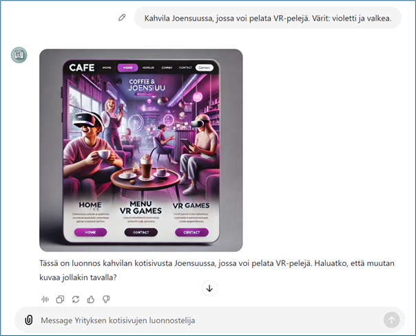 Kuvakaappaus jossa ylhäällä teksti: Kahvila Joensuussa jossa voi pelata VR-pelejä. Sen alla tekoälyn luoma kuva kahvilan kotisivuista.