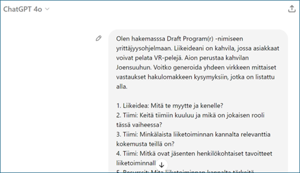 Kuvakaappaus ChatGTP-tekoälysovelluksesta. Käyttäjä pyytää tekoälyä vastaamaan Draft-ohjelman hakulomakkeen kysymyksiin