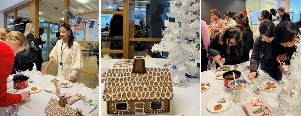 Gingerbread house, people decorating cookies, christmas tree